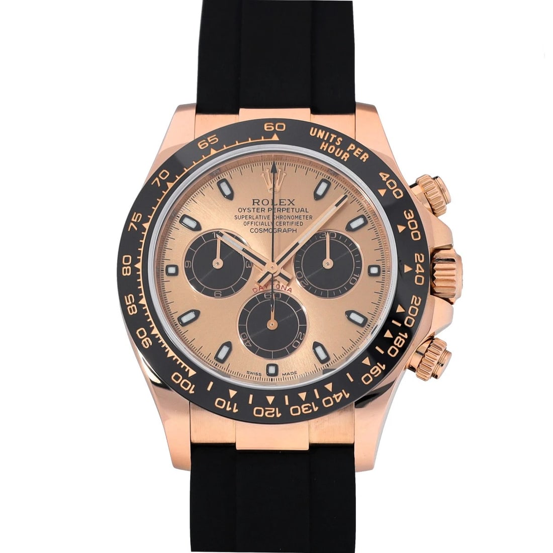 ROLEX COSMOGRAPH DAYTONA PINK/BLACK WATCH: ROLEX Cosmograph Daytona Pink/Black WATCH Brand: ROLEX Type: Wristwatch Material: Band Material rubber, Case Material Everrose gold Color: Dial Color Pink/Black Size: ??Case? H/about 40mm W/about 40mm