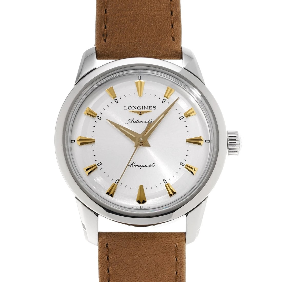 LONGINES CONQUEST HERITAGE SILVER WATCH: LONGINES Conquest Heritage Silver WATCH Brand: LONGINES Type: Wristwatch Material: Band Material leather, Case Material Stainless steel Color: Dial Color Silver Size: ??Case? H/about 39mm W/about 39mm