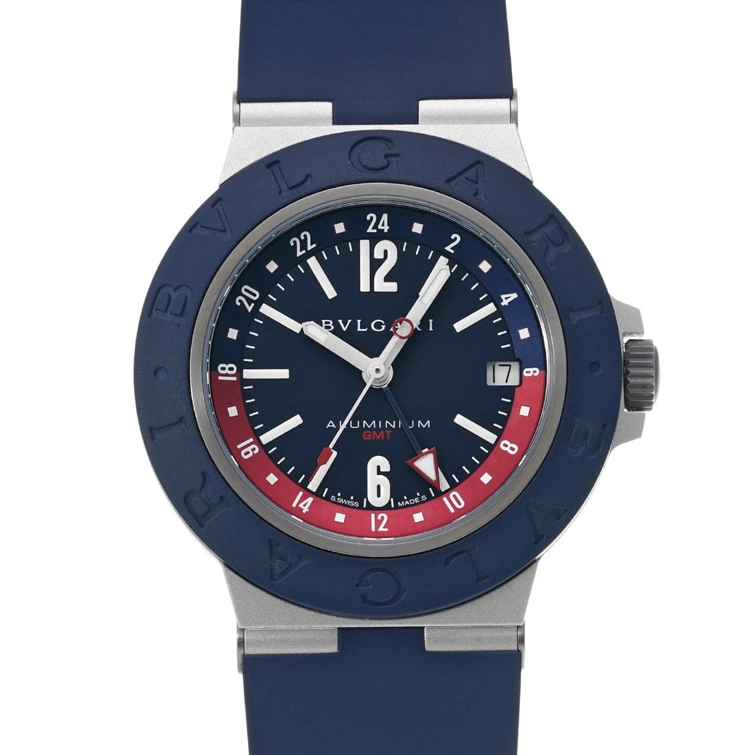 BVLGARI ALUMINUM GMT BLUE WATCH: BVLGARI Aluminum GMT Blue WATCH Brand: BVLGARI Type: Wristwatch Material: Band Material rubber, Case Material aluminum Color: Dial Color Blue Size: ??Case? H/about 40mm W/about 40mm D/about 10mm Circu