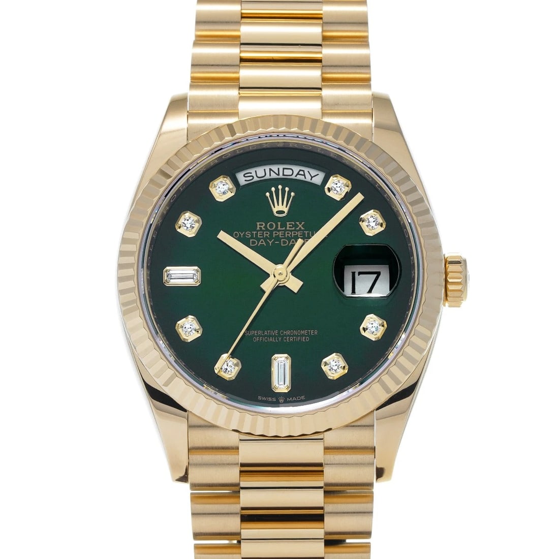 ROLEX DAY-DATE GREEN OMBRE/DIAMOND WATCH: ROLEX Day-Date Green Ombre/Diamond WATCH Brand: ROLEX Type: Wristwatch Material: Band Material Yellow Gold, Case Material Yellow Gold Color: Dial Color Green Ombre/Diamond Size: ??Case? H/about 36mm W