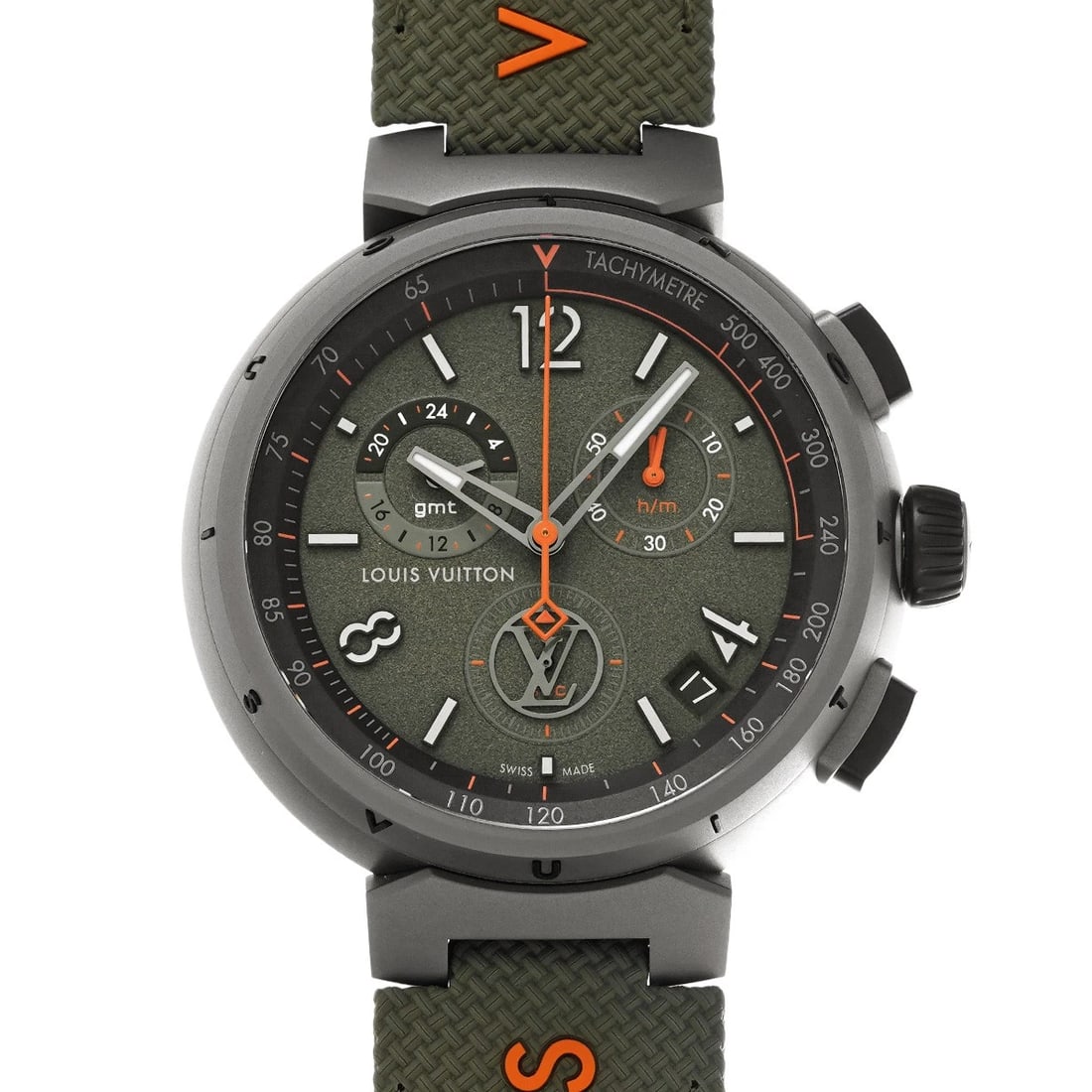 LOUIS VUITTON TAMBOUR OUTDOOR CHRONOGRAPH GMT URBAN JUNGLE GREEN WATCH: LOUIS VUITTON Tambour Outdoor Chronograph GMT Urban Jungle Green WATCH Brand: LOUIS VUITTON Type: Wristwatch Material: Band Material rubber, Case Material Stainless steel Color: Dial Color Green Size: