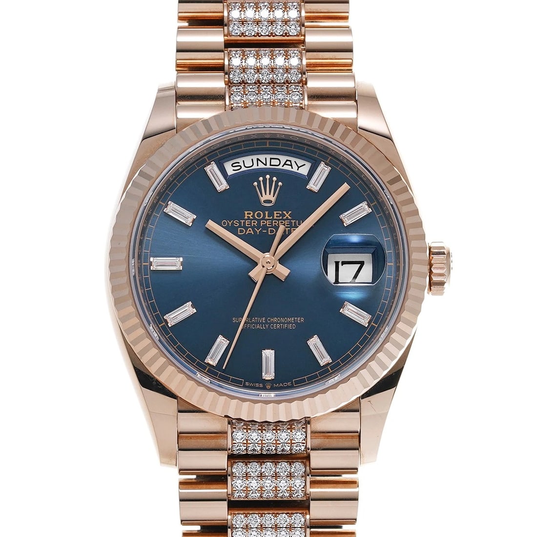 ROLEX DAY-DATE BLUE GREEN/DIAMOND WATCH: ROLEX Day-Date Blue Green/Diamond WATCH Brand: ROLEX Type: Wristwatch Material: Band Material Everrose gold/diamond, Case Material Everrose gold Color: Dial Color Blue Green/Diamond Size: ??Case? H/ab