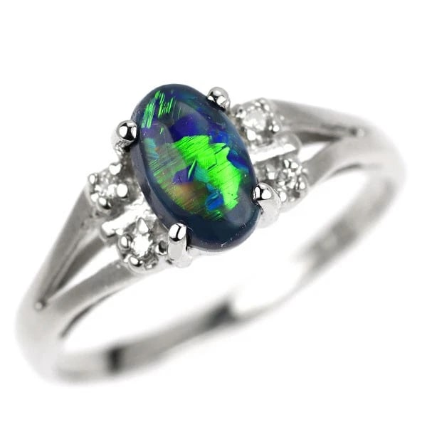 PT900 BLACK OPAL DIAMOND RING: Pt900 black opal diamond ring Brand: None Type: rings Material: Pt900, Main Stone/Creation opalSide Stonediamonds Color: Silver Size: 4.5US Accessories: None Accessories Notice: When purch