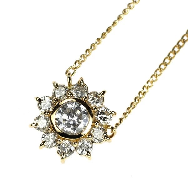 K18YG FLOWER DIAMOND PENDANT NECKLACE: K18YG flower diamond pendant necklace Brand: None Type: pendant necklace Material: K18YG, Main Stone/Creation Natural Color: Yellow Gold Size: Necklace: Chain Length41.5cm Accessories: None