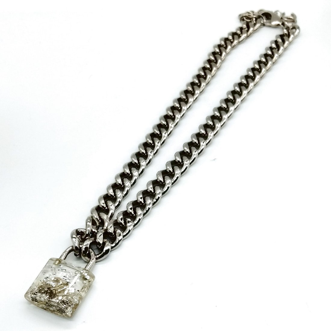 CHANEL NECKLACE SILVER CLEAR: Chanel Necklace Silver Clear Brand: Chanel Type: Necklace Material: Metal, Color: Silver Size: Full Length : 70 cm (approx) Size : 2.8X4.5 Accessories: None Accessories Notice: When purcha