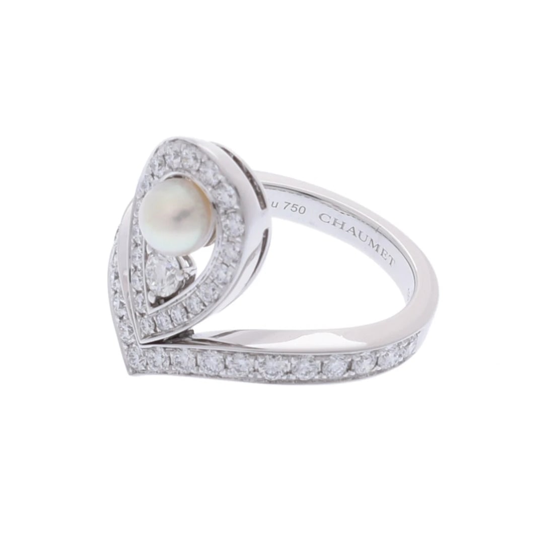CHAUMET RING PEARL DIAMOND: Chaumet Ring Pearl diamond Brand: Chaumet Type: Ring Material: K18 White Gold WG, Main Stone/Creation Natural Color: White gold Size: 3.75 US Accessories: None Accessories Notice: When purchasing