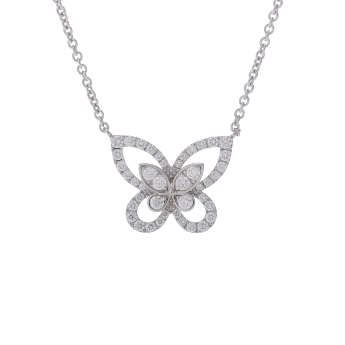GRAFF NECKLACE DIAMOND BUTTERFLY SILHOUETTE: GRAFF Necklace diamond Butterfly silhouette Brand: GRAFF Type: Necklace Material: K18 White Gold WG, Main Stone/Creation Natural Color: White gold Size: Top H/about 12.5mm W/about 15mm Chain