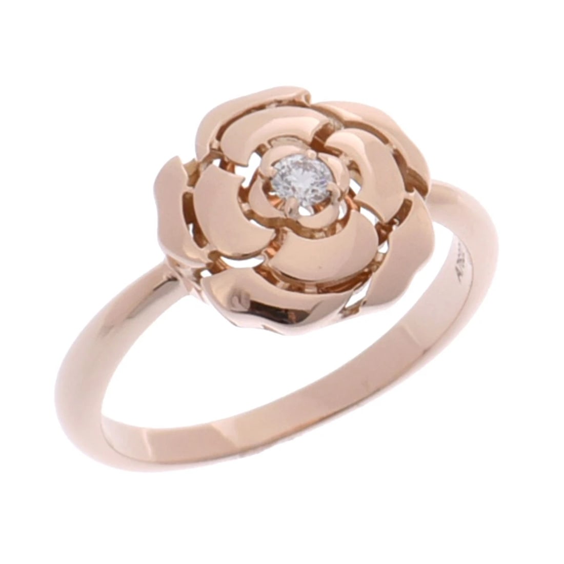 CHANEL RING DIAMOND CAMELLIA 1PD: CHANEL Ring diamond Camellia 1PD Brand: CHANEL Type: Ring Material: 18K pink gold PG, Main Stone/Creation Natural Color: Pink gold Size: 4 US Accessories: None Accessories Notice: When pur