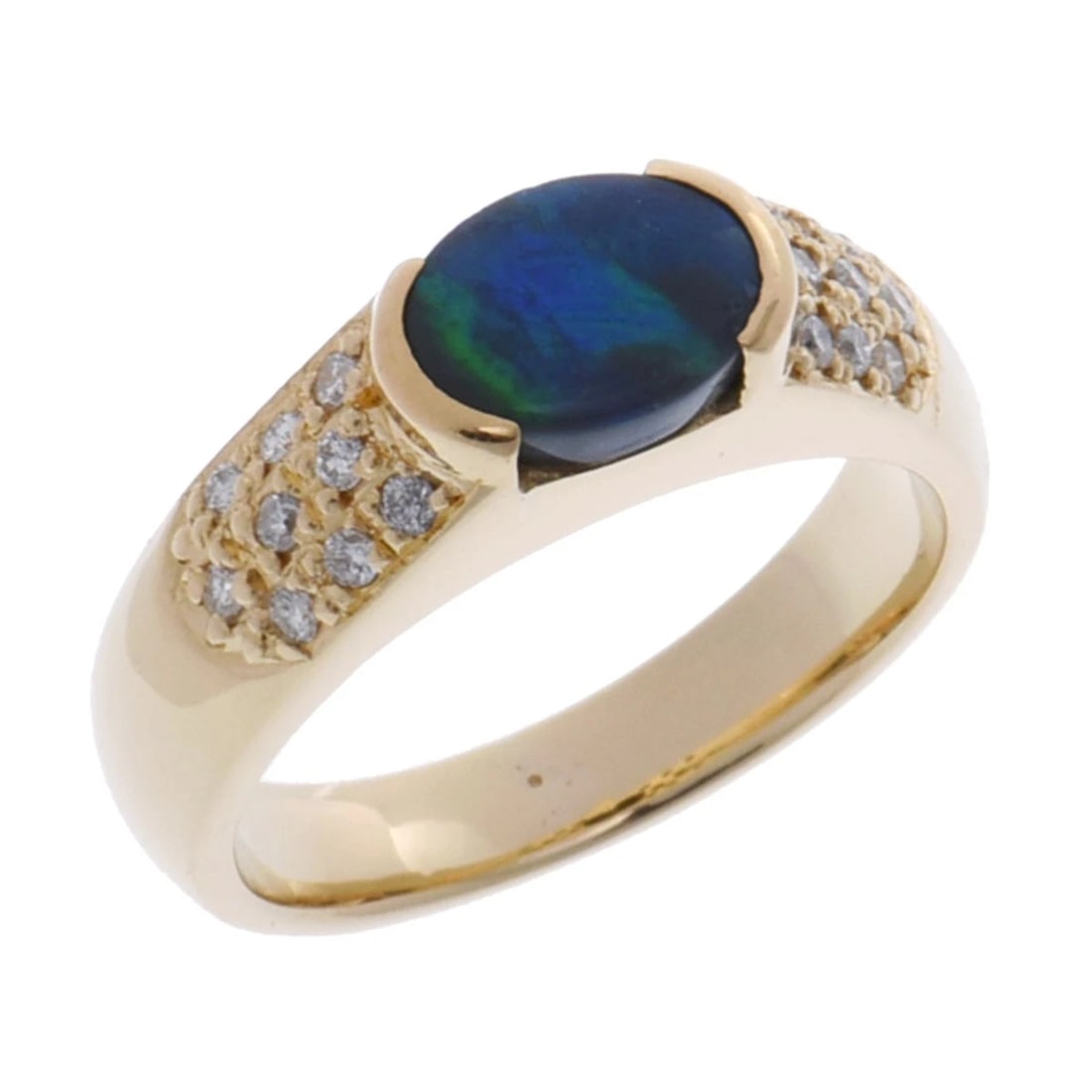 RING BLACK OPAL/DIAMOND BLACK OPAL RING: Ring Black opal/diamond black opal ring Brand: no brand Type: Ring Material: K18 Yellow Gold YG, Main Stone/Creation Black opal Color: Yellow Gold Size: 6.25 - 6.5 US Accessories: None Accessories