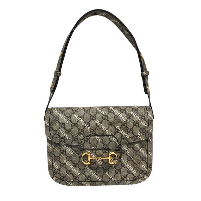 GUCCI HORSEBIT BALENCIAGA COLLABORATION SHOULDER BAG: GUCCI Horsebit Balenciaga Collaboration Shoulder Bag Brand: GUCCI Type: Shoulder Bag Material: GG Supreme Color: Beige Gold Hardware Size: W25cm x H17cmx D7cm W9.8 x H6.7x D2.8inch Accessories: No