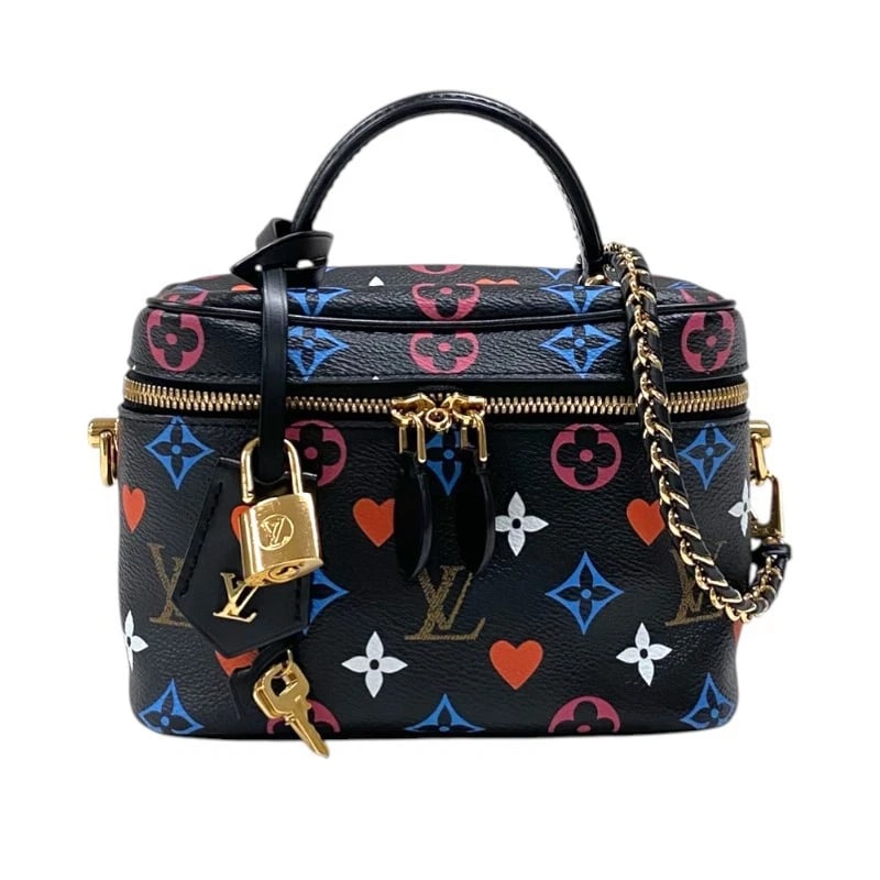 LOUIS VUITTON VANITY PM HANDBAG: LOUIS VUITTON Vanity PM Handbag Brand: LOUIS VUITTON Type: Handbag Material: Monogram Game On Color: Black Gold Hardware Size: W18cm x H13cmx D10cm W7.1 x H5.1x D3.9inch Accessories: None