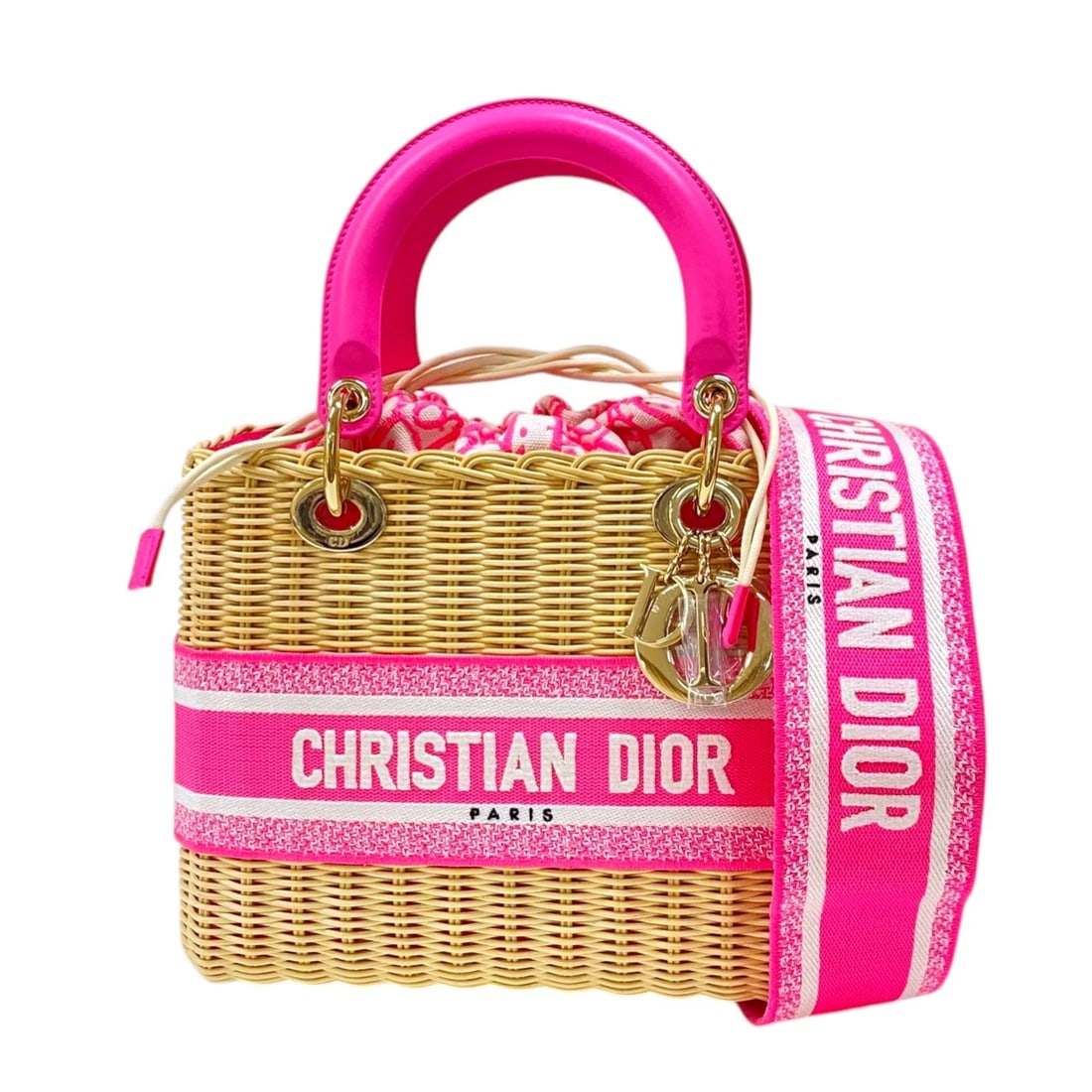 CHRISTIAN DIOR LADY DIOR MEDIUM HANDBAG: Christian Dior Lady Dior Medium Handbag Brand: Christian Dior Type: Handbag Material: Rattan/Oblique Jacquard Color: pink Size: W24cm x H19cmx D11cm W9.4 x H7.5x D4.3inch Accessories: None