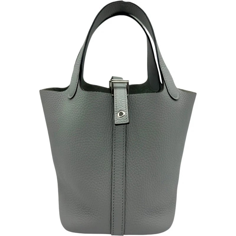 HERMES PICOTAN LOCK PM HANDBAG: HERMES Picotan Lock PM Handbag Brand: HERMES Type: Handbag Material: Taurillon Clemence Color: Blue Pale SilverHardware Size: W13cm x H18cmx D18cm W5.1 x H7.1x D7.1inch Accessories: None A