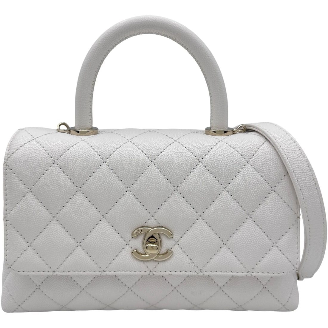 CHANEL COCO HANDLE XS SHOULDER BAG: CHANEL Coco handle XS Shoulder Bag Brand: CHANEL Type: Shoulder Bag Material: Caviar skin Color: White Gold Hardware Size: W23cm x H15cmx D9.5cm W9.1 x H5.9x D3.7inch Accessories: None Acc