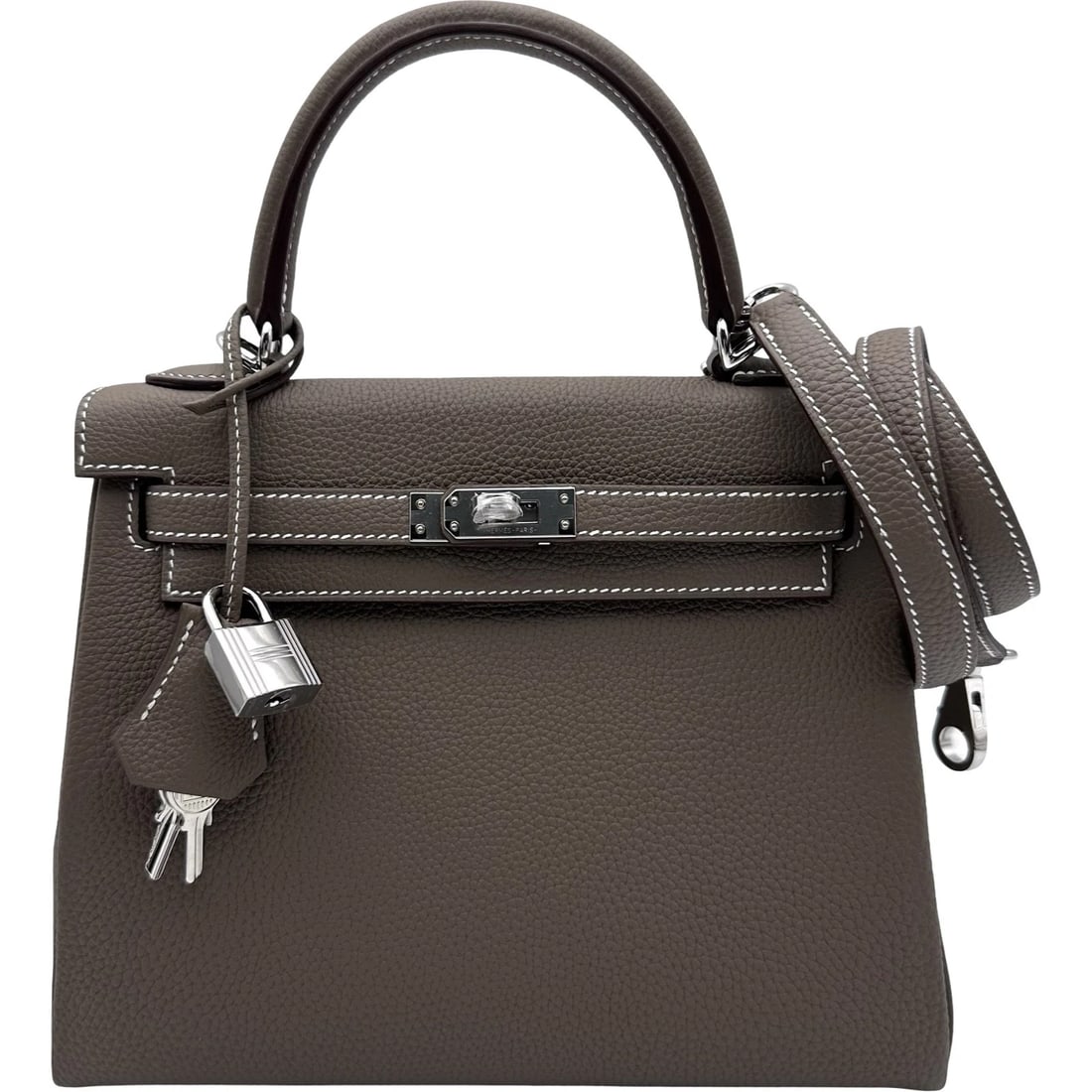 HERMES KELLY 25 INNER STITCH HANDBAG: HERMES Kelly 25 inner stitch Handbag Brand: HERMES Type: Handbag Material: Togo Color: Etop SilverHardware Size: W25cm x H18cmx D9cm W9.8 x H7.1x D3.5inch Accessories: None Accessories Notice: When