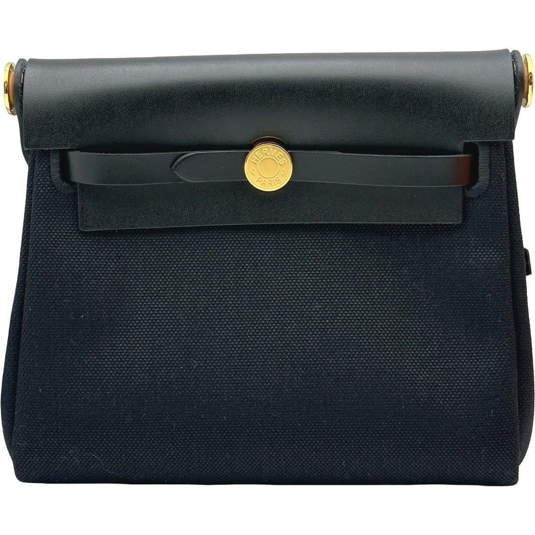 HERMES HERBAG ZIP MINI SHOULDER BAG: HERMES Herbag Zip Mini Shoulder Bag Brand: HERMES Type: Shoulder Bag Material: Vash Hunter/Toile Color: Black Gold Hardware Size: W20cm x H17cmx D7cm W7.9 x H6.7x D2.8inch Accessories: None