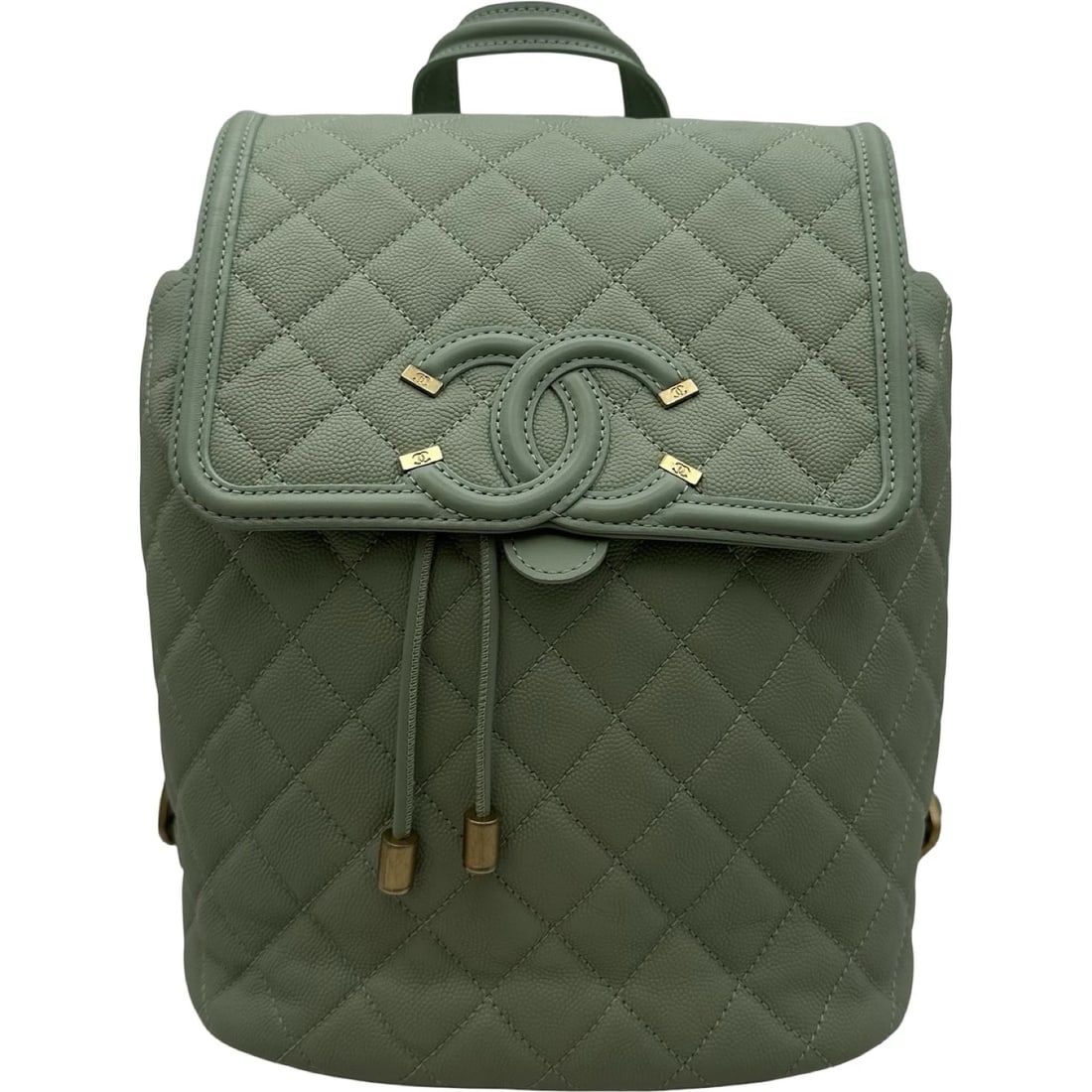 CHANEL CC FILIGREE BACKPACK BACKPACK: CHANEL CC Filigree Backpack Backpack Brand: CHANEL Type: Backpack Â· Daypack Material: Caviar skin Color: Green Gold Hardware Size: W19.5cm x H23cmx D13cm W7.7 x H9.1x D5.1inch Accessories: None <