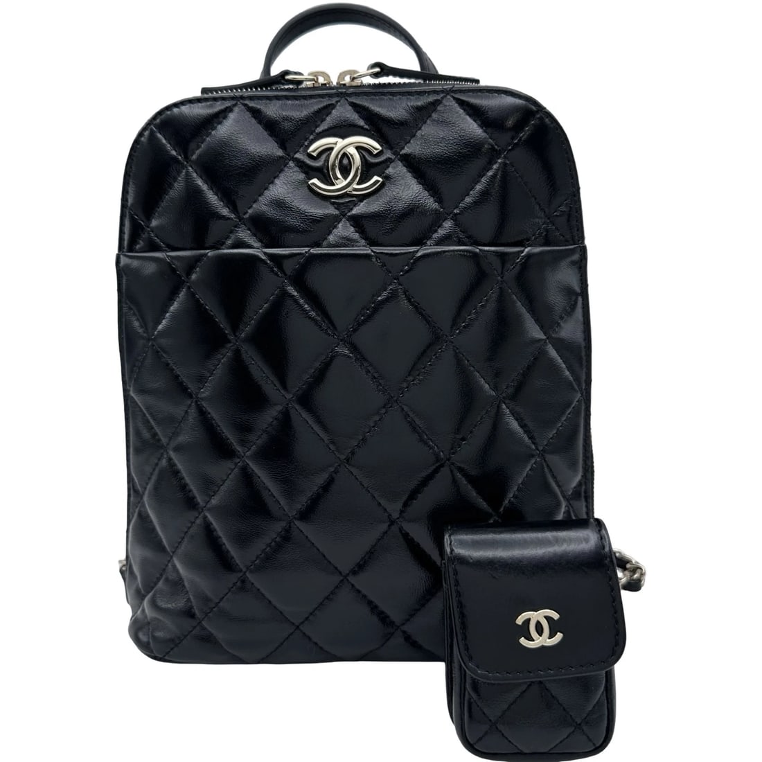 CHANEL MATRASSE BACKPACK BACKPACK: CHANEL Matrasse backpack Backpack Brand: CHANEL Type: Backpack Â· Daypack Material: Shiny calfskin Color: Black Gold Hardware Size: W20cm x H24cmx D8cm W7.9 x H9.4x D3.1inch Accessories: None