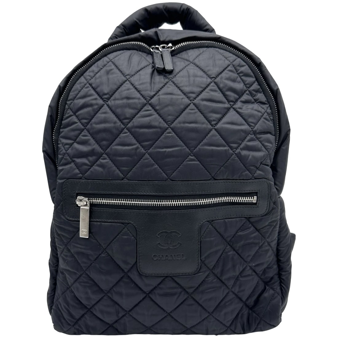 CHANEL COCO MARK BACKPACK BACKPACK: CHANEL COCO Mark Backpack Backpack Brand: CHANEL Type: Backpack Â· Daypack Material: Nylon Color: Black xSilverHardware Size: W29cm x H34cmx D13cm W11.4 x H13.4x D5.1inch Accessories: None