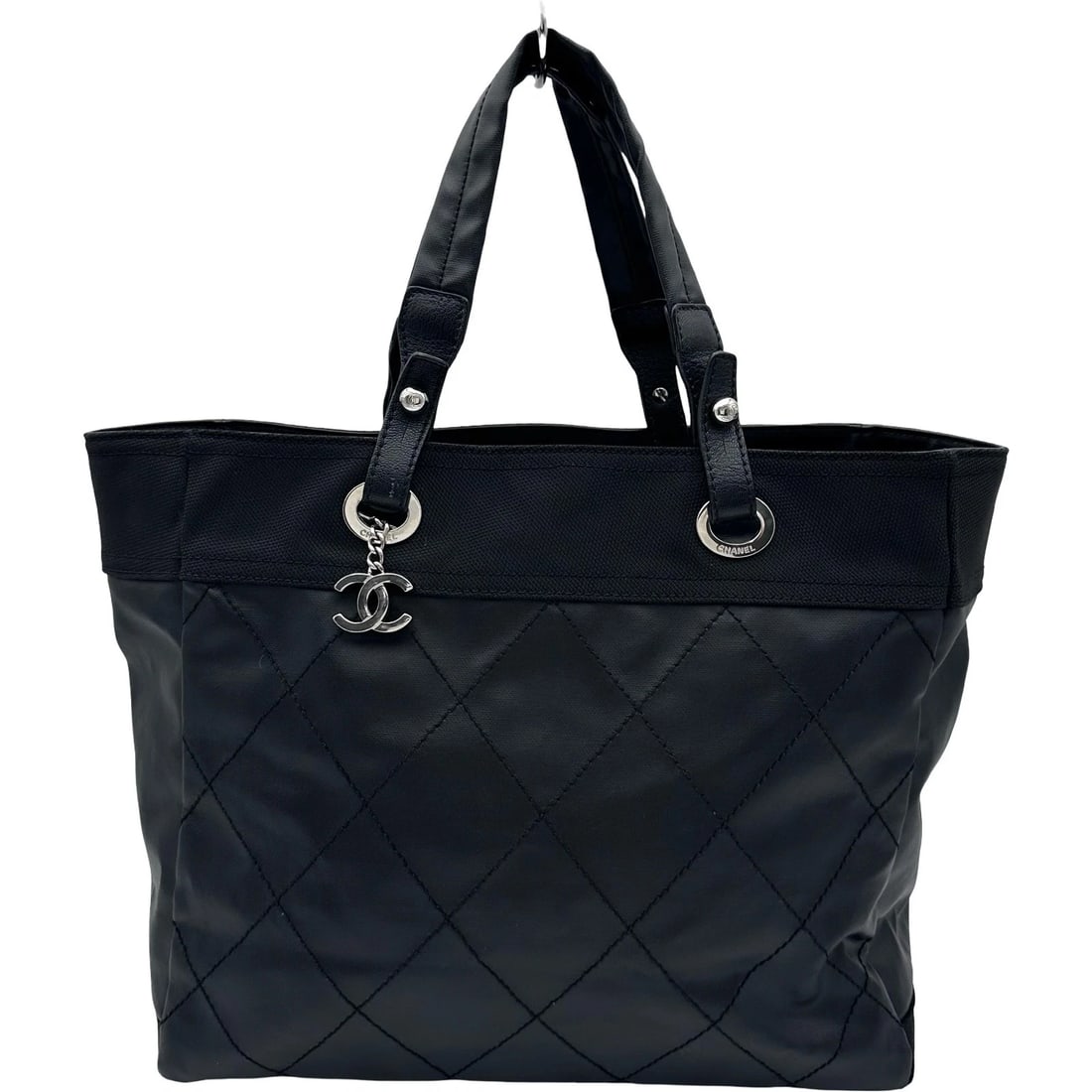 CHANEL PARIS BIARRITZ TOTE MM TOTE BAG: CHANEL Paris Biarritz Tote MM Tote Bag Brand: CHANEL Type: Tote Bag Material: Coated canvas Color: Black SilverHardware Size: W40cm x H30cmx D15cm W15.7 x H11.8x D5.9inch Accessories: None