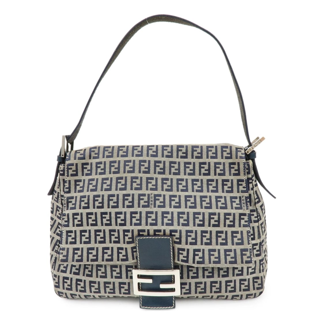 FENDI MAMMA BAGUETTE ZUCCHINO CANVAS LEATHER SHOULDER BAG: FENDI Mamma Baguette Zucchino Canvas Leather Shoulder Bag Brand: FENDI Type: hand bag Material: Canvas , Leather Color: Navy Size: W29cm(11.42")H21cm(8.27")D11cm(4.33") Accessories: None A