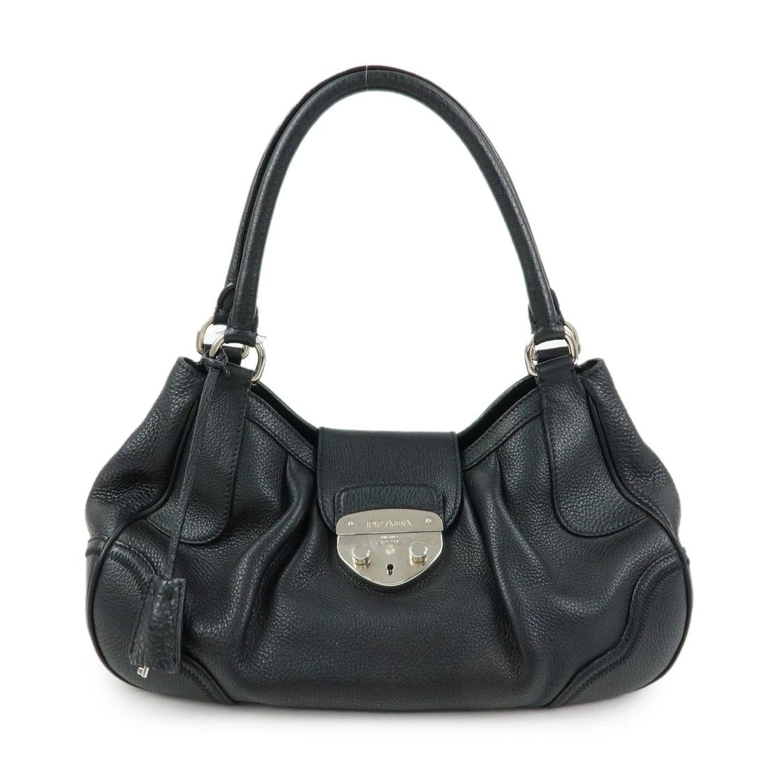PRADA SOUND LOCK LEATHER SHOULDER BAG: PRADA Sound Lock Leather Shoulder Bag Brand: prada Type: shoulder bag Material: Leather Color: Black Size: W31cm(12.20")H20cm(7.87")D12cm(4.72") Accessories: None Accessories Notice: When