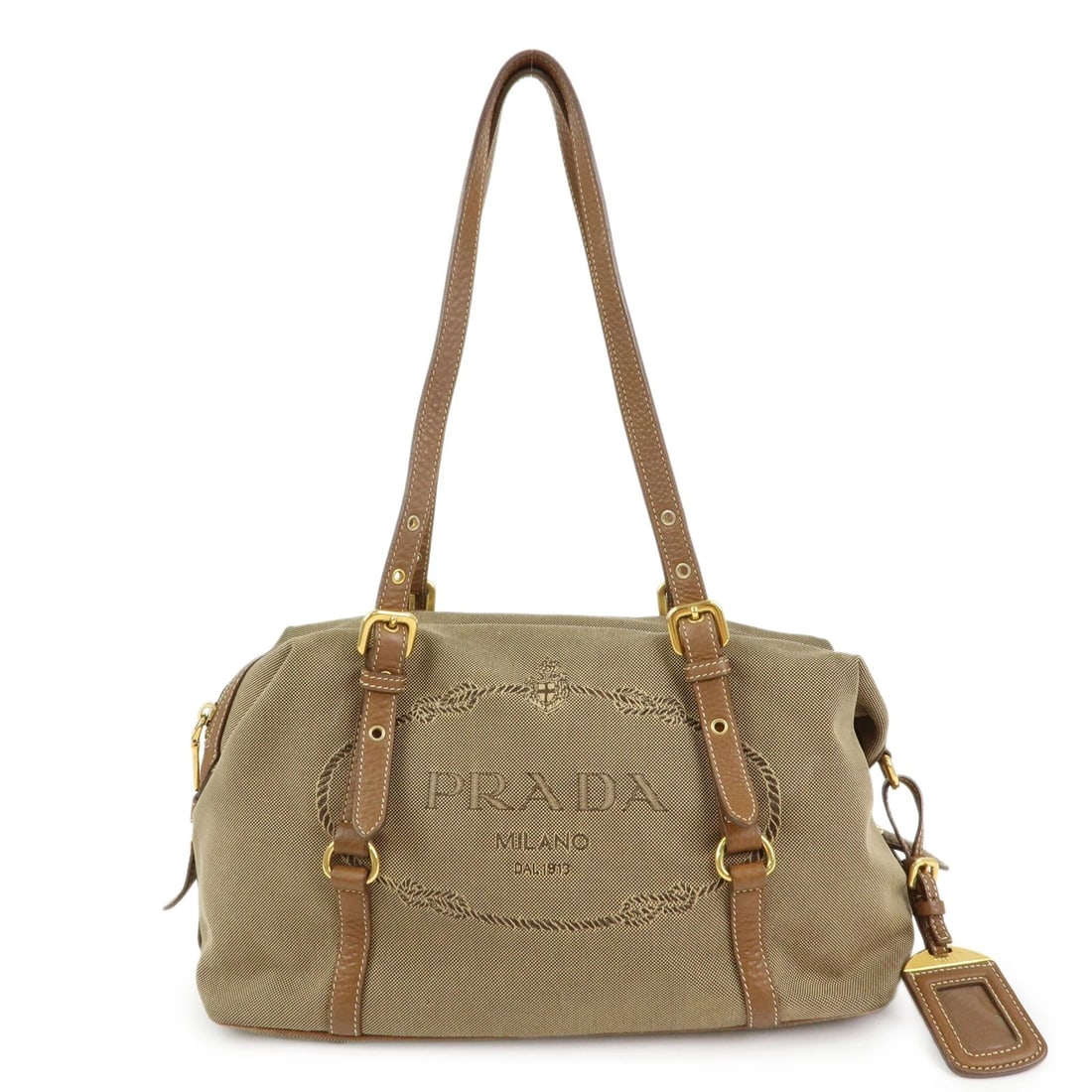 PRADA LOGO CANVAS LEATHER BOSTON BAG HAND BAG (1 of 6)