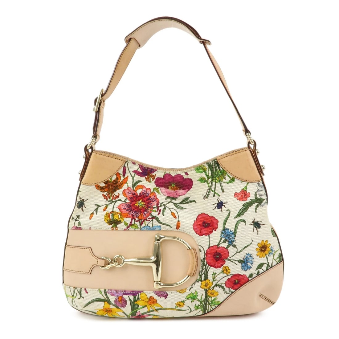 GUCCI HORSEBIT FLORA LEATHER CANVAS SHOULDER BAG: GUCCI Horsebit Flora Leather Canvas Shoulder Bag Brand: gucci Type: hand bag Material: Exterior Material leather Color: Exterior Color beige Size: W34cm(13.39")H26.5cm(10.43")D2cm(0.79") Accessori