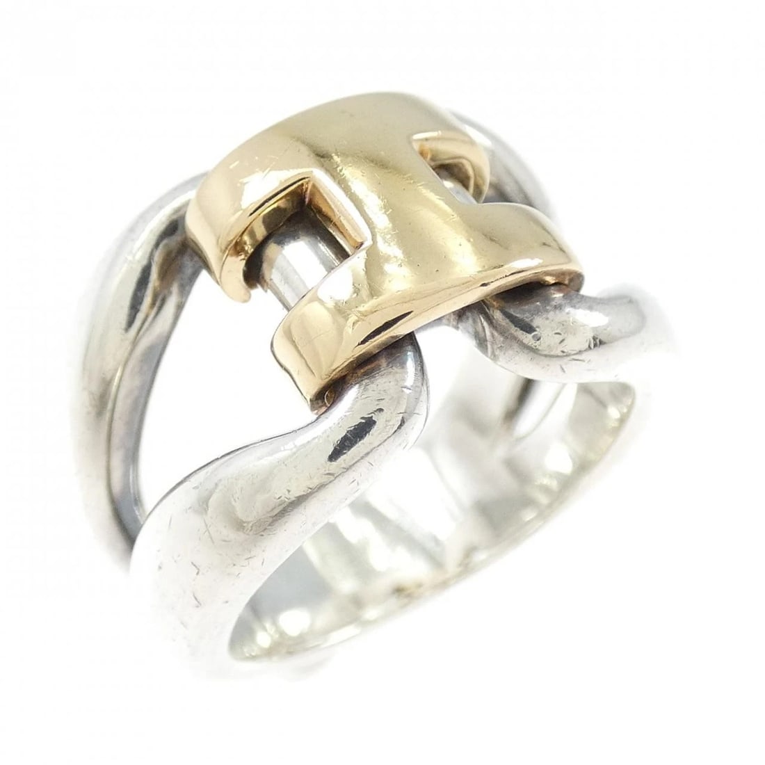 HERMES HISTORY RING: Hermes History Ring Brand: HERMES Type: Ring Material: Hall mark, Color: None Size: US 5.25 Accessories: None Accessories Notice: When purchasing pre-owned goods, please refer to the photo