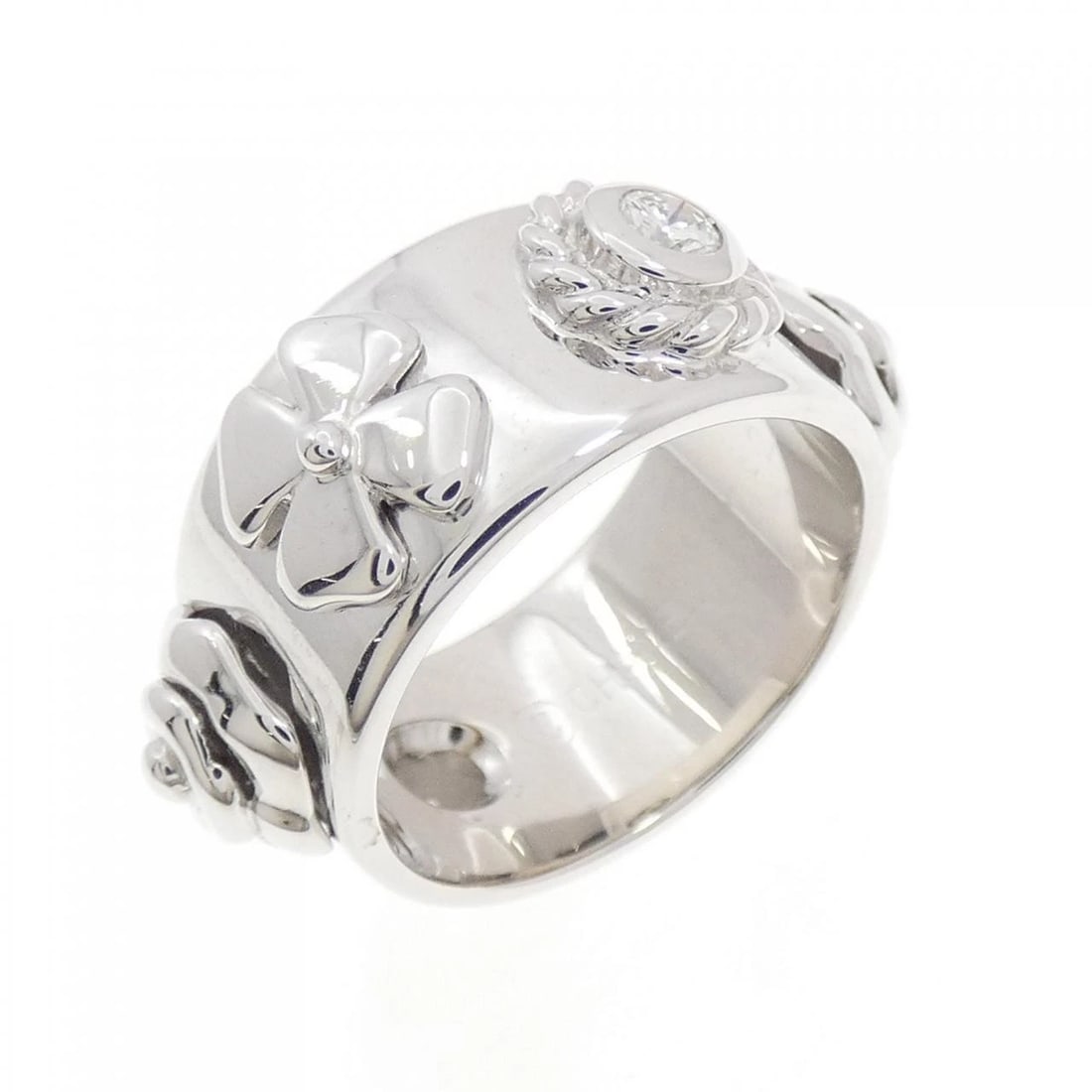 CHANEL THREE SYMBOLS RING: Chanel Three Symbols Ring Brand: CHANEL Type: Ring Material: 750 white gold, Main Stone/Creation Natural Color: white gold Size: US 4 Accessories: None Accessories Notice: When purchasing pre-owned