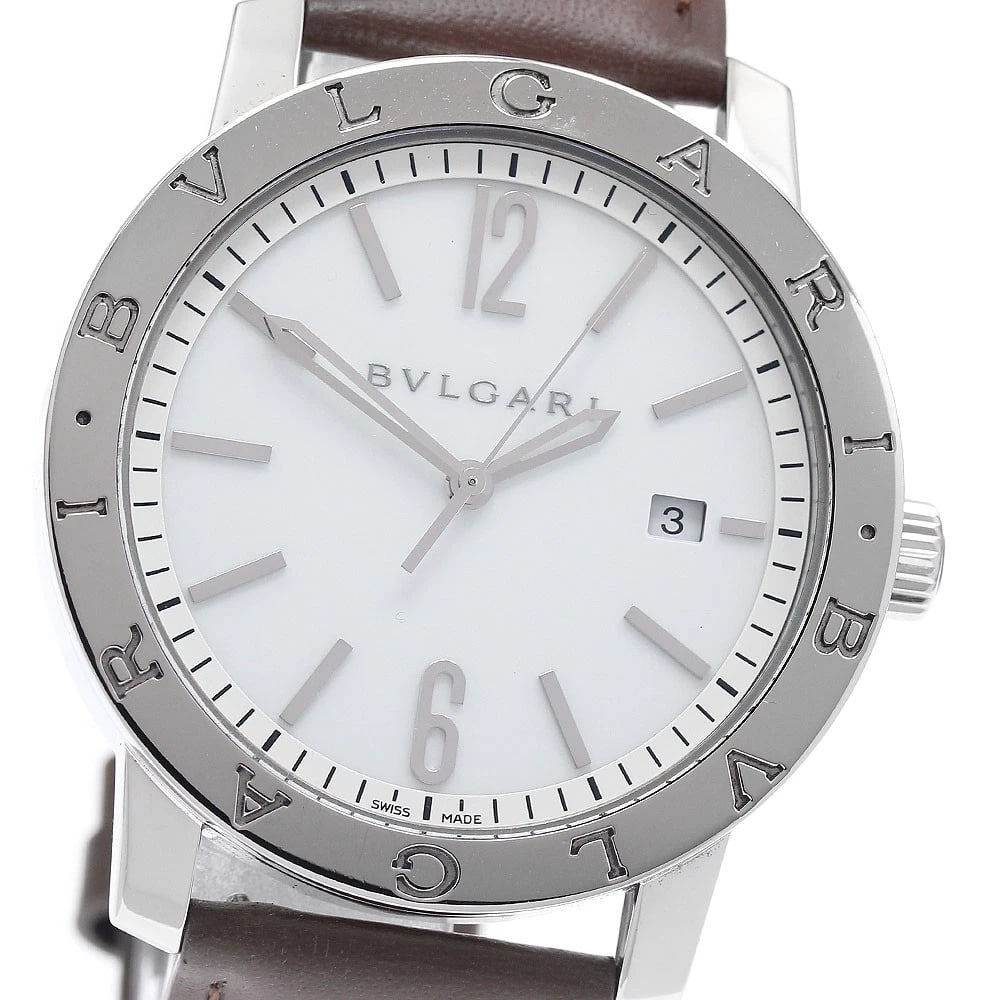 BVLGARI DATE WHITE AUTOMATIC WATCH: BVLGARI Date White Automatic Watch Brand: BVLGARI Type: Wristwatch Material: Band Material leather, Case Material Stainless Steel Color: Band Color Brown, Dial Colorwhite, Case ColorSilver Size: Case