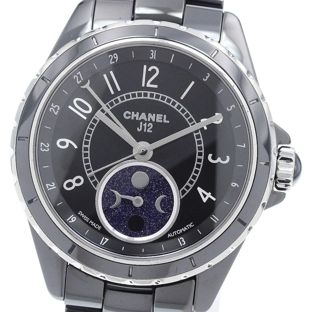 CHANEL J12 F MOON PHASE BLACK AUTOMATIC WATCH: CHANEL J12 F Moon phase black Automatic Watch Brand: CHANEL Type: Wristwatch Material: Band Material Stainless Steel / ceramic, Case Material Stainless Steel / ceramic Color: Band Color black, Dial
