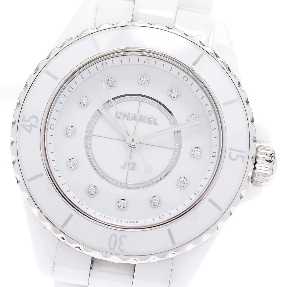 CHANEL J12 WHITE CERAMIC DIAMOND QUARTZ WATCH: CHANEL J12 White ceramic diamond Quartz Watch Brand: CHANEL Type: Wristwatch Material: Band Material Stainless Steel / ceramic, Case Material Stainless Steel / ceramic Color: Band Color white, Dial Co