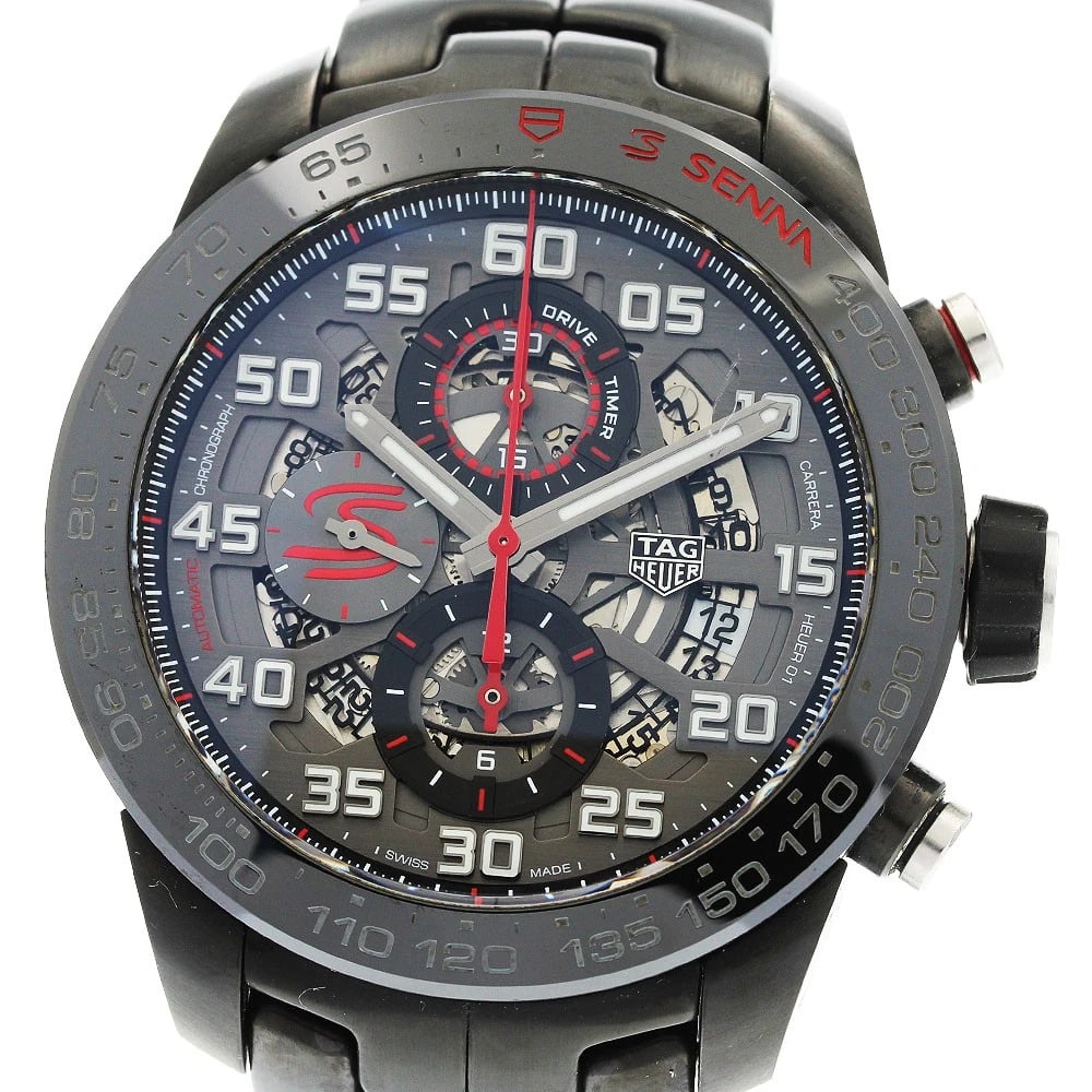 TAG HEUER CARRERA CALIBER AYRTON SENNA AUTOMATIC: TAG HEUER Carrera Caliber Ayrton Senna Automatic Brand: TAG HEUER Type: Wristwatch Material: Band Material Stainless Steel, Case Material Stainless Steel / ceramic Color: Band Color black, Dial Colorb