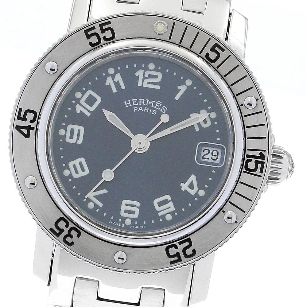 HERMES CLIPPER DATE BLUE QUARTZ WATCH: HERMES Clipper Date blue Quartz Watch Brand: HERMES Type: Wristwatch Material: Band Material Stainless Steel, Case Material Stainless Steel Color: Band Color Silver, Dial Colorblue, Case ColorSilver