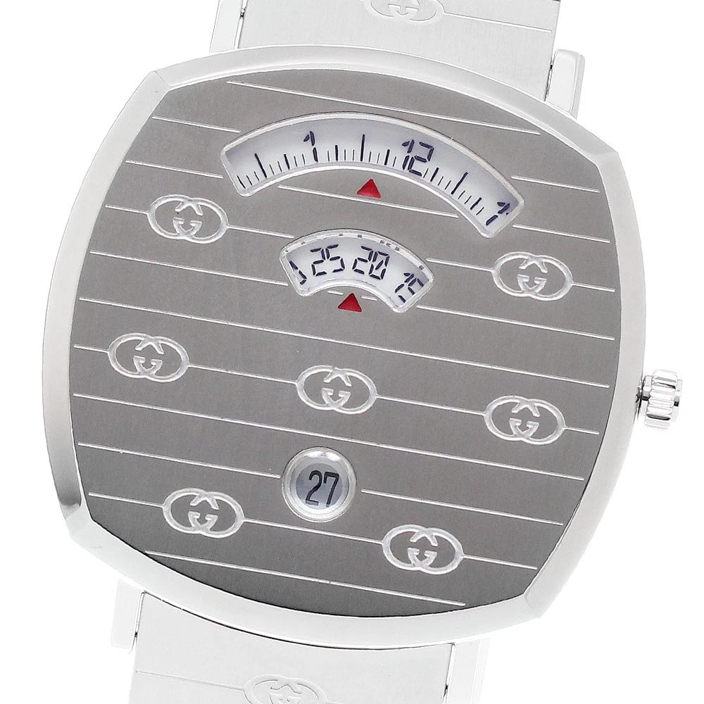 GUCCI GRIP WATCH DATE WHITE QUARTZ WATCH: GUCCI Grip watch Date white Quartz Watch Brand: GUCCI Type: Wristwatch Material: Band Material Stainless Steel, Case Material Stainless Steel Color: Band Color Silver, Dial Colorwhite, Case