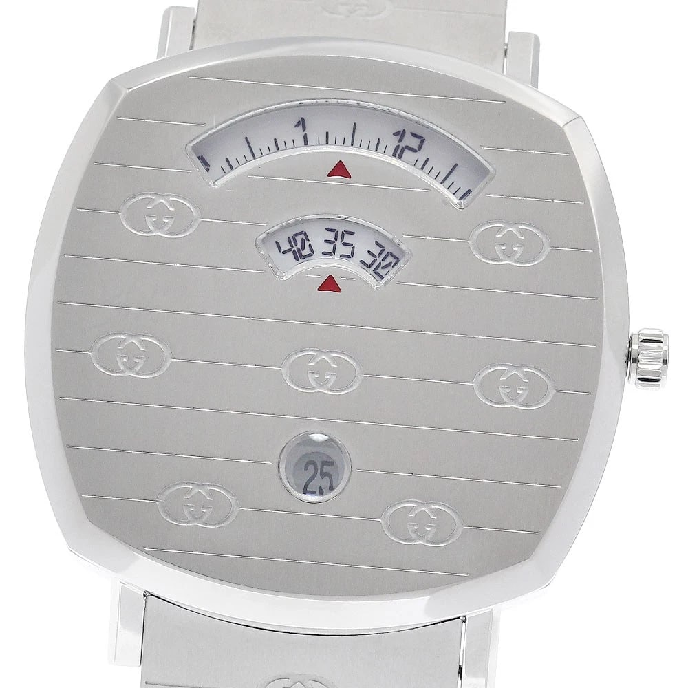 GUCCI GRIP WATCH DATE WHITE QUARTZ: GUCCI Grip watch Date White Quartz Brand: GUCCI Type: Wristwatch Material: Band Material Stainless Steel, Case Material Stainless Steel Color: Band Color Silver, Dial Colorwhite, Case ColorSilver Size