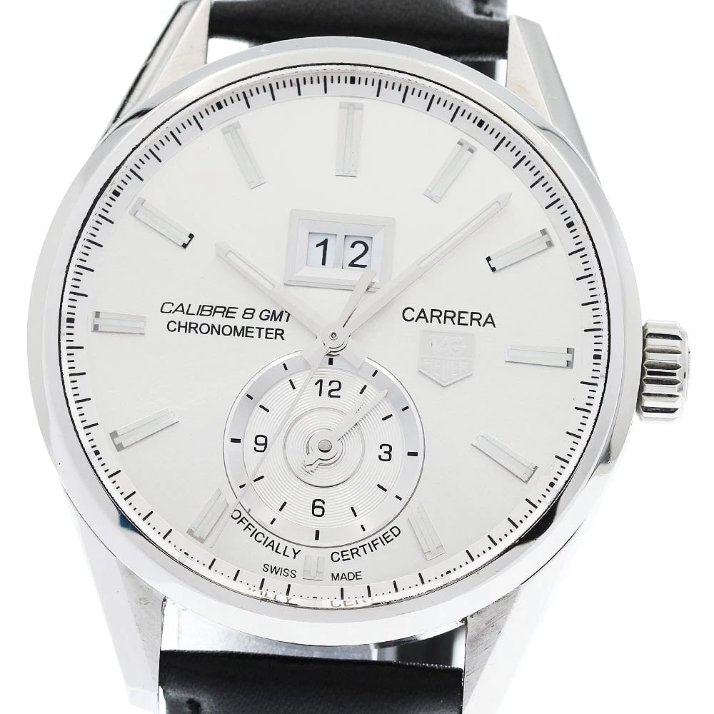 TAG HEUER CARRERA GRAND DATE SILVER AUTOMATIC: TAG HEUER Carrera Grand Date Silver Automatic Brand: TAG HEUER Type: Wristwatch Material: Band Material leather, Case Material Stainless Steel Color: Band Color black, Dial ColorSilver, Case ColorSilv