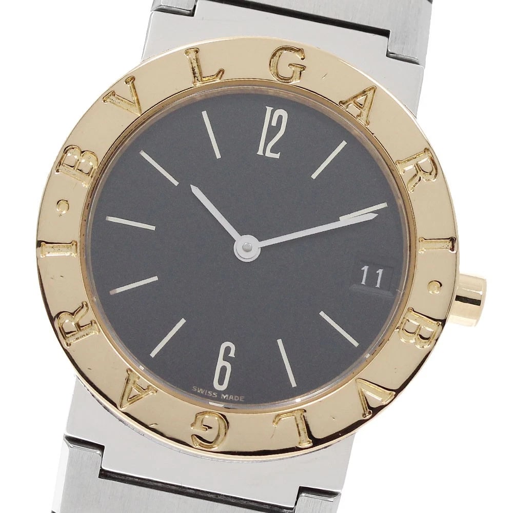 BVLGARI YG BEZEL BLACK QUARTZ WATCH: BVLGARI YG bezel black Quartz Watch Brand: BVLGARI Type: Wristwatch Material: Band Material Stainless Steel/YG, Case Material Stainless Steel/YG Color: Band Color Silver / Gold, Dial Colorblack, Case 