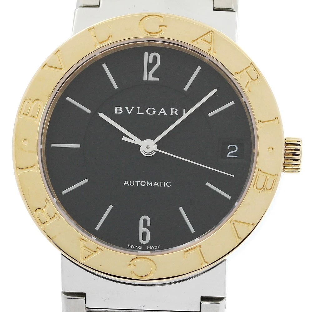 BVLGARI YG DATE BLACK AUTOMATIC WATCH: BVLGARI YG date Black Automatic Watch Brand: BVLGARI Type: Wristwatch Material: Band Material Stainless Steel/YG, Case Material Stainless Steel/YG Color: Band Color Silver / Gold, Dial Colorblack,