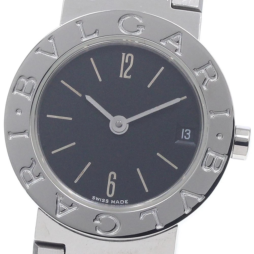BVLGARI DATE BLACK QUARTZ WATCH: BVLGARI Date Black Quartz Watch Brand: BVLGARI Type: Wristwatch Material: Band Material Stainless Steel, Case Material Stainless Steel Color: Band Color Silver, Dial Colorblack, Case ColorSilver Size: