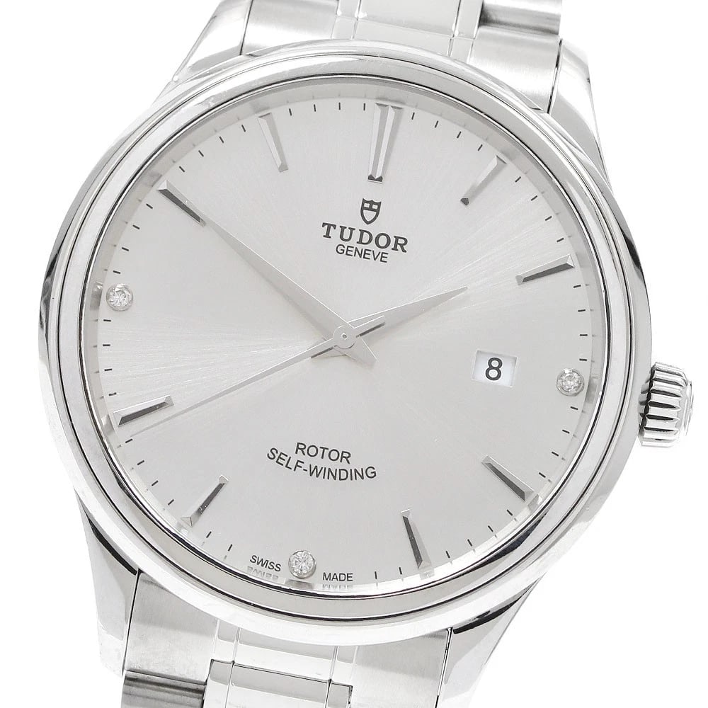 TUDOR STYLE DATE DIAMOND SILVER AUTOMATIC WATCH: TUDOR style Date Diamond Silver Automatic Watch Brand: TUDOR Type: Wristwatch Material: Band Material Stainless Steel, Case Material Stainless Steel Color: Band Color Silver, Dial ColorSilver, Case