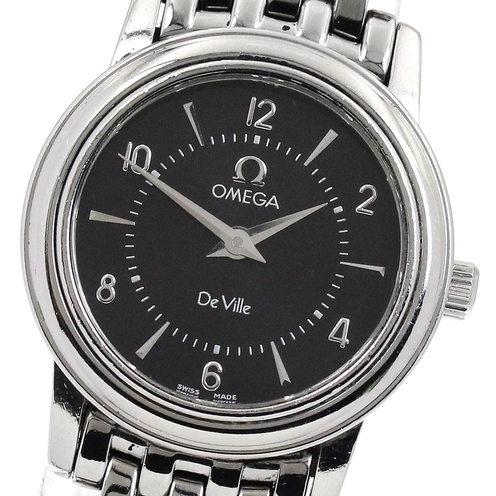 OMEGA DE VILLE PRESTIGE BLACK QUARTZ WATCH: OMEGA De Ville Prestige black Quartz Watch Brand: OMEGA Type: Wristwatch Material: Band Material Stainless Steel, Case Material Stainless Steel Color: Band Color Silver, Dial Colorblack, Case