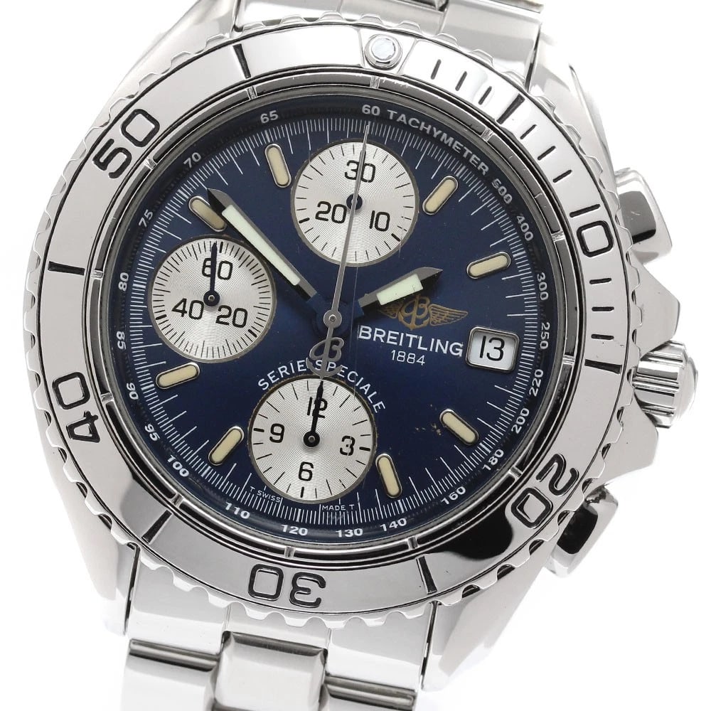 BREITLING CHRONO DATE NAVY AUTOMATIC WATCH: BREITLING Chrono Date Navy Automatic Watch Brand: BREITLING Type: Wristwatch Material: Band Material Stainless Steel, Case Material Stainless Steel Color: Band Color Silver, Dial ColorNavy, Case