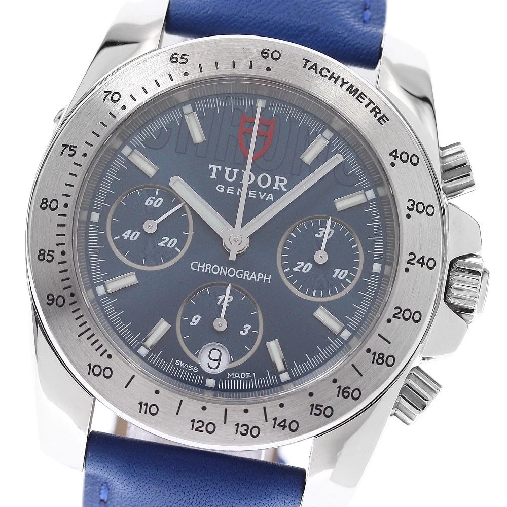 TUDOR SPORTS CHRONOGRAPH BLUE AUTOMATIC WATCH: TUDOR Sports Chronograph blue Automatic Watch Brand: TUDOR Type: Wristwatch Material: Band Material leather, Case Material Stainless Steel Color: Band Color blue, Dial Colorblue, Case ColorSilver Size