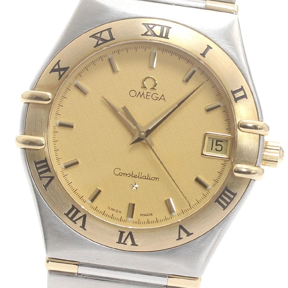 OMEGA CONSTELLATION DATE GOLD QUARTZ WATCH: OMEGA Constellation Date gold Quartz Watch Brand: OMEGA Type: Wristwatch Material: Band Material Stainless Steel/YG, Case Material Stainless Steel/YG Color: Band Color Silver / Gold, Dial Colorgold,