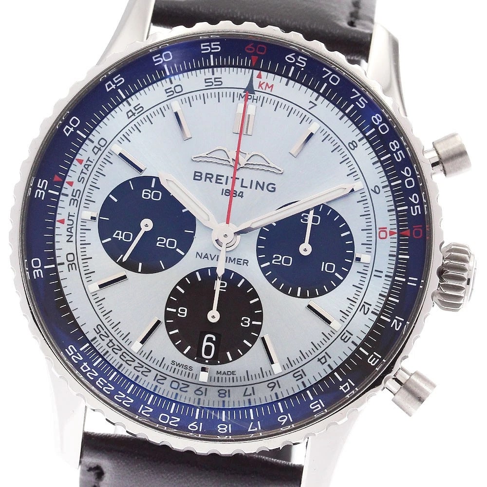 BREITLING NAVITIMER CHRONOGRAPH AUTOMATIC: BREITLING Navitimer Chronograph Automatic Brand: BREITLING Type: Wristwatch Material: Band Material leather, Case Material Stainless Steel Color: Band Color black, Dial ColorIce blue, Case ColorSilver