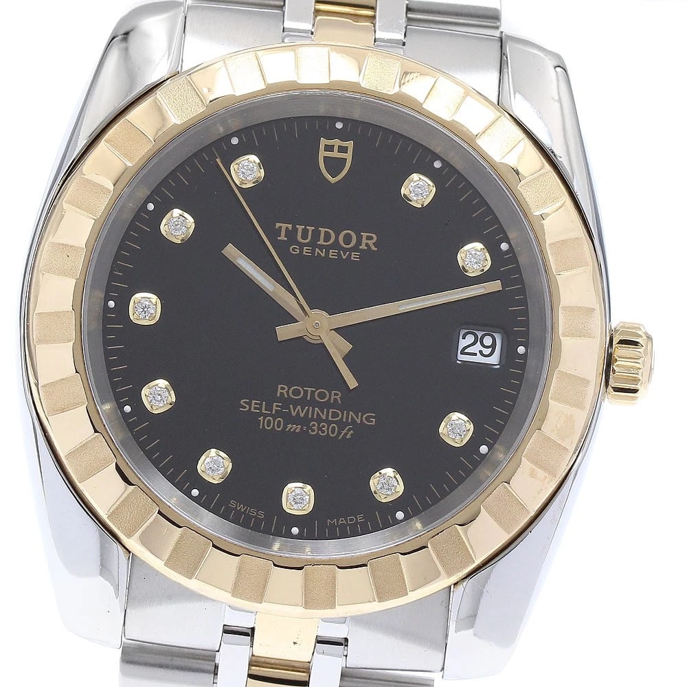 TUDOR CLASSIC DATE YG BLACK AUTOMATIC WATCH: TUDOR Classic Date YG black Automatic Watch Brand: TUDOR Type: Wristwatch Material: Band Material Stainless Steel/YG, Case Material Stainless Steel/YG Color: Band Color Silver / Gold, Dial