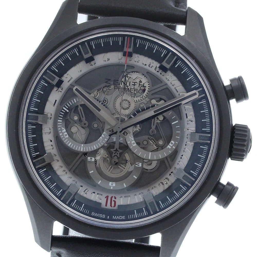 ZENITH EL PRIMERO SKELETON AUTOMATIC WATCH: ZENITH El Primero skeleton Automatic Watch Brand: ZENITH Type: Wristwatch Material: Band Material leather, Case Material ceramic Color: Band Color black, Dial ColorBlack / skeleton, Case Colorblack Si
