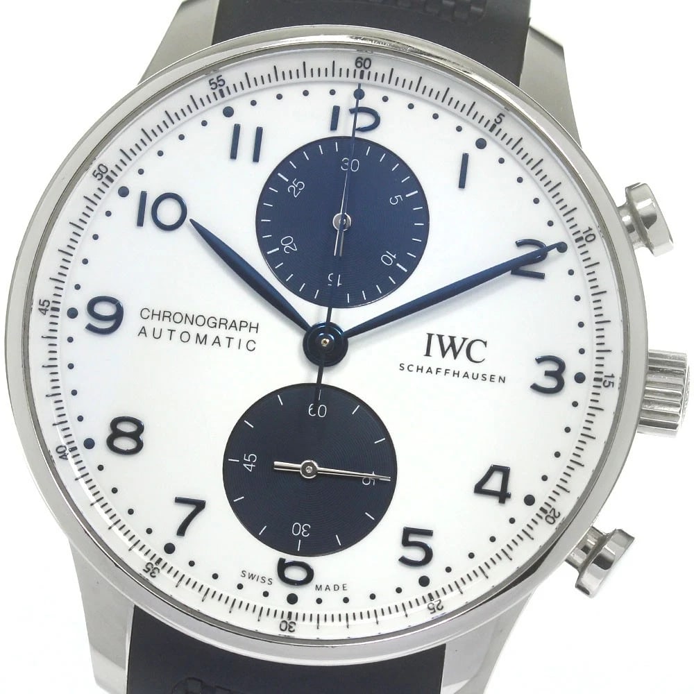 IWC SCHAFFHAUSEN PORTUGESE CHRONOGRAPH AUTOMATIC WATCH: IWC SCHAFFHAUSEN Portugese Chronograph Automatic Watch Brand: IWC SCHAFFHAUSEN Type: Wristwatch Material: Band Material rubber, Case Material Stainless Steel Color: Band Color Navy, Dial ColorWhite / 